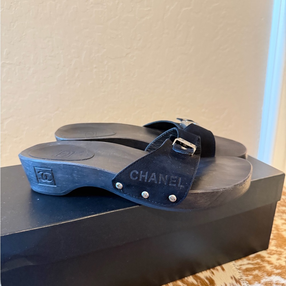 SOLD CHANEL Black Suede Logo Stud Slide Mules